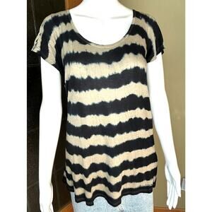 Soft Surroundings Striped Tie Dye SS Tunic Tee Linen Blend Navy Blue Cream XS